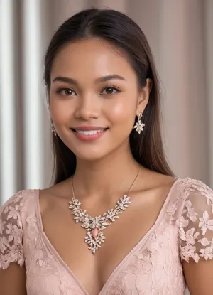 (photorealistic:1.3), (detailed eyes:1.25), (Filipina:1.2), portrait of a young Filipina woman, 22 years old, beautiful delicate face, large expressive dark brown eyes, realistic eye reflections, long straight black hair with subtle dark brown balayage highlights, center parting, hair falls smoothly past shoulders, very fair to light tan warm skin tone, smooth flawless skin, natural makeup, bold coral-red lipstick, subtle eyeliner, thin silver necklace with small pendant, small silver hoop earrings, wearing delicate light pink lace dress with floral cut-out patterns on sleeves and upper chest, soft natural indoor lighting, event venue background with soft bokeh, smiling warmly showing upper teeth, happy expression, highly detailed face, realistic skin texture, sharp focus on face and eyes, 8k, photorealistic