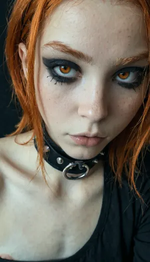 goth ginger girl, flat, chested, <lora:flat_chested_v3.5:.8>, close up