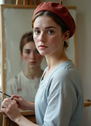 (easel with large painting), 25 year old painter, (paint smeared on her face:1.2), looking at viewer, correct anatomy, beret, smock to mid thigh, nipples, Auburn hair in loose bun, visible freckles, very sweaty, skin glistening, art-studio, soft light, relaxed soft pose, <lora:Midjourney Image Enhancer XL v1:.6>, <lora:bralessSDXL_v1_00022:.5>, <lora:CinematicStyle_v1:.9>
