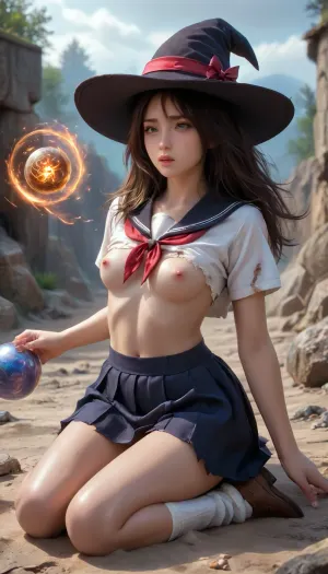 1girl, Japanese model of 21 years old, beautiful extacy face, witch charactor, pink nipples, slim legs, (school uniform), dark blue pleats skirt, (She was attacked by magic from another witch and her clothes is tattered torn:1.2), (her clothes jagged and ripped), (skin peeks through the gaps in the torn clothing:1.5), flying using magical power while riding a big magic circle, looking her breast of a-cups, very long straight hair, high-ponytail, white panty, loose socks, black shoes, lift up skirt, battlefield of magic fantasy world, duel, magical, fire, magic, spell, fireball, element, water, ball, orb, air, wind, earth, rock, plant, sand, revsitting, revstanding, <lora:tornclothesv6-8:2>, <lora:ClearHand-V2:.9>, <lora:Wizards__Mages:1.4>, <lora:Magical duel - SDXL v2.0:.4>, <lora:revsex_SDXL_1_:.8>