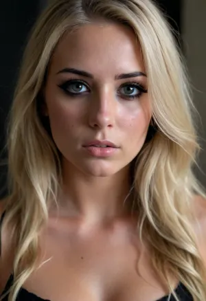 large breasted, fit, tanned skin, 25 year old woman, no underwear, long blonde hair, dark eye shadow, freckles, sad look, smeared mascara, crying, looking at camera, (((black mascara))), lots of makeup, (dark eye shadow), ((smokey eyes))