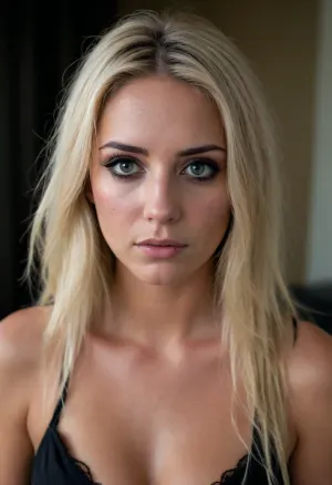 large breasted, fit, tanned skin, 25 year old woman, no underwear, long blonde hair, dark eye shadow, freckles, sad look, smeared mascara, crying, looking at camera, (((black mascara))), lots of makeup, (dark eye shadow), ((smokey eyes)), ruined mascara, tears down face
