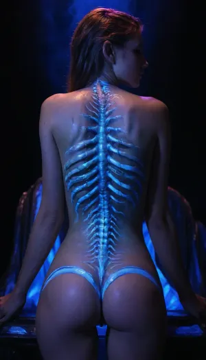 blacklight uv painted on the back of a girl and on top of a huge dick depicting art in the style of hr giger art, huge glowing dick, <lora:bl4ckl1ghtxl:2>