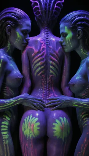 blacklight uv painted on the back of 3 girls looking to a huge dick of a man, beautiful faces, depicting art in the style of hr. giger art, biomechanics, vivid UV paints, huge glowing dick, blowjobs, fucking, HD, (masterpiece, best quality), perfect illumination, (best shadow), 8K, UHD, sharp image, (best illumination), crystal clear image, best quality, ultra-detailed, fine detail, high res, highest quality, 8k wallpaper, high definition, <lora:bl4ckl1ghtxl:1.1>, g1h3r, <lora:GigerRainbowXL:.8>, <lora:neon_circus:.8>