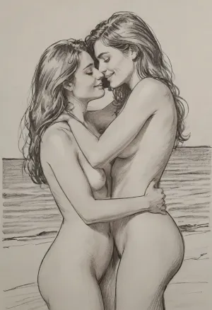 pencil drawing, nude portrait of two adult lesbian lovers, caressing each other's body, frontal view, 40yo women, realistic attractive looks, seaside resort exterior, smiling, long open hair, drawix6, dwx6, pixlineart, drawing, pencil, <lora:sketch_it:.8>, <lora:drawix6:.8>, <lora:Pixel_Lineart:.8>, <lora:Pencil_Sketch-06R:.8>