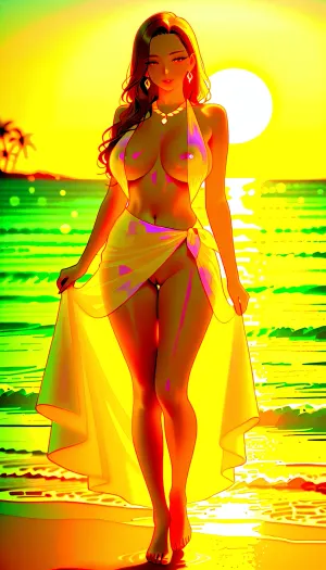 A full-length portrait of a stunning brunette African woman with voluminous, wavy hair, standing barefoot on the white sand beach of a secluded tropical island, surrounded by vibrant tropical flowers and lush greenery. She wears a flowing coral silk sarong, asymmetrically tied at the hip, revealing a stunning shaved vagina with swollen, sex-seeking labia, and a light, white, open blouse, revealing luxurious, full, heavy breasts, hinting at island sensuality yet still elegant and sophisticated. realistic anatomy, Golden hour light accentuates her radiant, tanned skin. The scene is filled with warmth and a soft tropical breeze. Shot on a Leica SL2, f/2.8, shallow depth of field, editorial style, Vogue-quality photography, ultra-realistic, high detail., <lora:FluxDFaeTasticDetails:.8>, <lora:real-lora:.8>, perfection, style, <lora:perfection style v2d:.8>