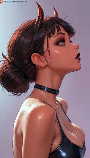 (((Melkor mancin mix cutesexyrobutts style))), reiq style, masterpiece, (demon girl, deep red skin, black sclera), horns, style, (1woman, side view, 8k resolution, ultra-detailed), wearing choker conected to one piece leather swimsuit, dark purple background, side view, big ass, aryan, plump black lips, chocker, big breasts, realistic face, beautiful black hair, goth makeup, beautiful face, high bun hairstyle with fringe, seductive face, nude, hot e, mid shot, <lora:LCMTurboMix_Euler_A_fix:.6>, <lora:Tsune_XL:1.8>, <lora:EnvyPastelAnimeXL01:1.7>, <lora:AshMilkshake_Illustrious_v1:1.8>