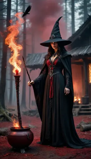 High fantasy witch in a thick, (matte black robe), and pointed hat, the robe remains pure black, holding a wand, standing in front of an ancient wooden hut in a dark forest, preparing, (glowing red potion), in a large iron cauldron over a fire, (red mist), and magical sparks, magical mist, (crows), dramatic cinematic lighting, sharp focus, epic fantasy art, DonMD34thM4g1c4tt1r3XL, hkdeath, <lora:DonMD34thM4g1c4tt1r3XL-000008:.8>, <lora:LivingDeathXL:1.3>, <lora:EnvySorceressXL01:1.1>