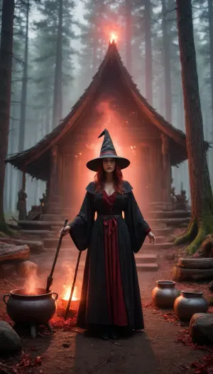 High fantasy witch in black robe and pointed hat, holding magic wand in hand, standing in front of ancient wooden hut deep in enchanted forest, preparing glowing red demonic potion in large iron cauldron, glowing particles and sparks, swirl of red mist around her, mystical fog between trees, ethereal atmosphere, dramatic cinematic lighting, highly detailed, sharp focus, epic fantasy art.