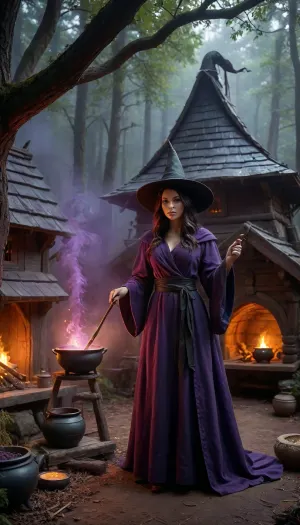 High fantasy witch dressed in Black robe and pointed hat, holding a magic wand in her hand, standing in front of an ancient wooden hut deep in a dark forest, preparing a glowing purple demonic potion that is boiling in a large iron cauldron, glowing particles and sparks, a swirl of violet mist around her, mystical fog between the trees, ethereal atmosphere, dramatic cinematic lighting, highly detailed, sharp focus, epic fantasy art, w1tch, h0us3, <lora:EnvySorceressXL01:2>, <lora:w1tch_h0us3:2>