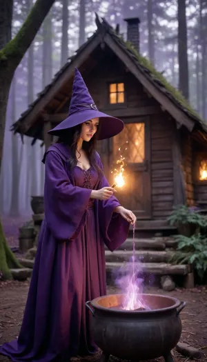 High fantasy witch in dark purple robe and pointed hat standing in front of ancient wooden hut deep in enchanted forest, preparing glowing purple demonic potion in large iron cauldron, glowing particles and sparks, swirl of violet mist around her, dark night with mystical fog between trees, ethereal atmosphere, dramatic cinematic lighting, highly detailed, sharp focus, epic fantasy art.