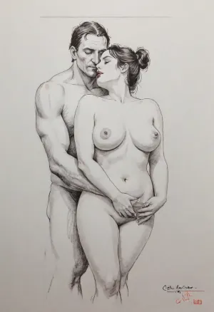 A very sensual abstract line style ink drawing in the style of Picasso's Don Quixote of a couple facing the camera. The woman, a chubby figure with big tits and wide hips, looks up at the man, her arm reaching up around the back of his neck and her hair spilling down behind her. The man is clean shaven and overweight. He holds her in his arms kissing her neck passionately and holding her beneath the tits., Fresh, and, creative, pen, strokes, ink, wash, painting, outline, <lora:Fresh Ideas@Pen and ink drawings_SDXL:.1>, <lora:xl_shuimo-000012:.1>, <lora:sdxl_lora_outline-000016:1.7>, Below them, in large blocky handwriting is written the words "Casa Éxtisas"