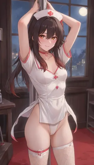hu tao, weak smile, genshin, black hair, nurse uniform, goth makeup, slim ass, pale skin, fishnet tights, night, dancing around the pole, <lora:outline_xl_kohaku_delta_spv5x:1.3>, <lora:NEOTOKIOXL_0.2_RC:.7>, <lora:Ppolar-P3v1-NbVp10:.7>, <lora:one breast out XL:2>, <lora:cartoon_stickers_xl_v1:.5>