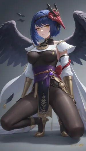 (masterpiece, best quality, ultra detailed), 1woman with 1man, Kujou Sara from Genshin Impact, she's getting sex with the traveler, anal standing doggystyle with the traveler, very large dick, anal penetration, front 3/4 view, elegant fashion editorial glamour, commanding posture, stern confident expression, tall female proportions, slim athletic build, long legs, narrow waist, refined silhouette, amber-gold eyes, fair warm ivory skin, short asymmetrical indigo-blue bob hair, subtle violet-blue highlights, red tengu mask head ornament, gold braided headband, accurate Kujou Sara outfit, white ceremonial shoulder mantle with gold trim, black fitted bodice, red rope ornaments, gold chest emblem, long black gloves, gold bracers, layered waist cords and charms, purple electro medallion, yellow-gold waist bow, layered black white and plum skirt panels, translucent lavender side drapes, black thigh-high stockings, white-and-gold shoes with red soles, intricate tassels, ornate crest motifs, minimal luxury studio backdrop, vogue-style fashion editorial lighting, premium beauty photography look, (genshin, impact\), (genshin, impact), sara_\, (genshin_impact\), (jiu, tiao\), kujou, sara, breasts, bird, mask, yellow, eyes, gloves, on, head, short, hair, sash, vision, detached, sleeves, black, wings, japanese, clothes, tassel, bodysuit, wide, swept, <lora:jiutiaox_xl:.8>