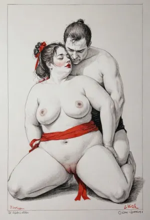 A very sensual abstract line style ink drawing in the style of Picasso's Don Quixote of a couple facing the camera. The woman, a chubby figure with big tits and wide hips, is kneeling and bound in shibari style rope bondage, her arms are bound and she is blind folded with a bright red ribbon. The man is clean shaven and slightly overweight. He holds her by the hair and kissing her neck passionately and fingering her. A look of ecstacy on her face., Fresh, and, creative, pen, strokes, ink, wash, painting, outline, <lora:Fresh Ideas@Pen and ink drawings_SDXL:.1>, <lora:xl_shuimo-000012:.1>, <lora:sdxl_lora_outline-000016:1.7>, Below them, in large blocky handwriting is written the words "Casa Éxtisas"