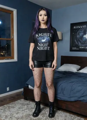 full body view, Goth Asian girl, colored hair, long hair, straight hair, purple hair, piercings, goth girl, 18 year old Asian, thick body, chubby, fishnets, tights, black lips, gothic make up, black eyeliner, mean face, black leather boots, pretty fingernails, black nails, wearing short leather shorts, wearing black leather tank shirt, standing, in boarding house bedroom, grey carpet, posters on the wall, in the background a big window with view on a city, night time, (night time:1.8)