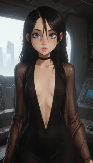 (Jack cayless art style), (dark art:1.2), beautiful woman, (athletic curvy body:1.3), (long straight black hair:1.3), black chocker, (black see-through shawl:1.4), nude, seductive eyes, tiny breasts, (glowing blue eyes:1.3), flux enhance, (on a black spaceship:1.2), look at view, upper body shot, pale skin, perfect breasts, full lips, perky nipples, exposed breasts, bubble butt, thick thighs, (cartoon), tooned, cartoon, high color palette, painted, illustration, made in illustrator, no gradients, incase style, concept, retro, futuristic, flat colors, masterpiece, fine_ascxl, anime, screencap, <lora:ratatatat74-000050:.6>, <lora:outline_xl_kohaku_delta_spv5x:2>, <lora:NEOTOKIOXL_0.2_RC:.9>, <lora:DetailedEyes_V3:1>, <lora:Anime_Screencap_Enhancement-v1:1.6>