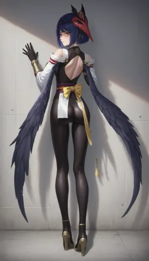 (jiu, tiao), 1girl, kujou sara, genshin impact, from behind, looking back, over shoulder, face visible, leaning against wall, arched back, full body, very tall, slender, long legs, narrow waist, small breasts, mask on head, black wings, bodysuit, sash, gloves, sharp focus, detailed face, detailed eyes, studio lighting, clean wall background, <lora:jiutiaox_xl:.8>