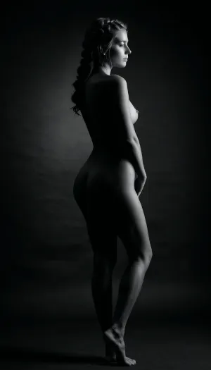 dark background, full body, 20 year old woman silhouette, sexy poses, perfect nude body, tiny breasts, perfect french braid hair, very long hair, lovely dainty feet, monochrome, realistic, 4k, high quality, art