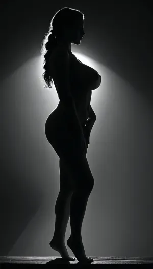 dark background, full body, 20 year old woman silhouette, sexy poses, perfect nude body, large breasts, (big breasts:1.3), perfect french braid hair, very long hair, lovely dainty feet, monochrome, b&w, realistic, 4k, high quality, art