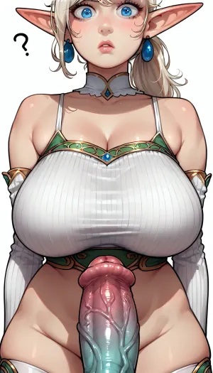 Pixar style. Beautiful elf woman. White blonde hair. Ponytail with bangs. Blue eyes. Large breasts., (Sagging breasts:.5), ., (confused:1), (chubby:.5), white color croptop. Close up. Front view. color sleeves. No underwear. color thigh highs., (Lower body only:1.5), . Monster penis pov. mrjs, <lora:line dog_1:.8>