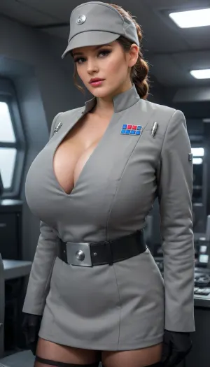 view from side, (wearing a female imperial officer grey uniform with Extremely massive brest bulge, officer cap, Micro mini skirt, stockings:1.5), she has her hair in a bun, super busty hourglass figure, (super massive breasts:1.3), (deep cleavage:1.6), Tight waist, super wide huge hips, Slightly chubby, (hands behind back:1.3), in a sci-fi ship control room, dark interior, (huge window showing star wars ships outside:1.2), large glass window, cinematic, film grain, (cinematic still), 20mm photograph, film, 4k, highly detailed, (atmosphere), (haze), soft ambient lighting, huge, breasts, massive, Imperial, officer, wearing, a, (color), uniform, TIE, fighter, <lora:bboobs-000005:2>, <lora:SDXL_MassiveCowsLoRA_v1:1.2>, <lora:Imperial Officer:.2>, <lora:TIE fighter:.6>