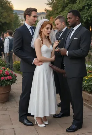 ((interracial:1.3)), A petite skinny tiny bride 155 cm, perfect nature, (autumn colors), she will be fucked outside in the German beergarden, (Extreme giant cocks:1.2), surprised, (vagina), (short pink braids), cum covered, small nice ass, (she will be fucked from African 195 cm men:1.2), they are full clothed in pantsuit, (((public beergarden, crowded, people around))), Sunset, 2boys, hon, (white, bridal, dress, veil:1.5), 5 people watching, 19 years old, public, redhead, 1 people watching husband, heels, fucking sex