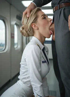 airport, first class lounge, blonde sexy stewardess on her knees, (very deepthroat), throatfuck, mouth open, tongue out, sucking big cock of businessman in suit, man grabbing her head, side view
