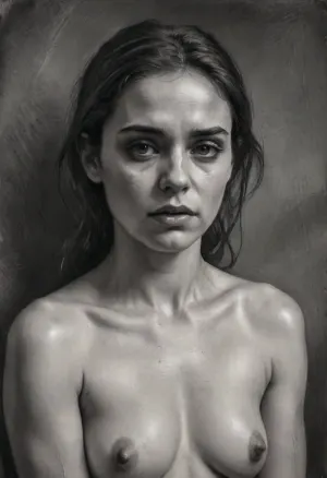 Sad naked girl, deeply sorrowful expression, tears in her eyes, fragile pose, charcoal portrait drawing, heavy dark shading, rough expressive charcoal strokes, textured paper, dramatic shadows, melancholic mood, fine art., <lora:EldritchCharcoalXL1.1:2>, <lora:female_charcoal_art:2>