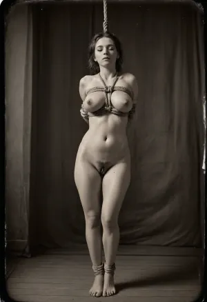 Black and white wetplate photo quality, cyanotype, 19th century phptography., bizarre rope bondage, tied woman, bdsm, tortured, punished, ashamed, big saggy breasts, heavy hanging breats, meaty pussylips, loose skin, skinny body, hipbones, ripcage, naked, tied hands, hands behind back, tied tits, (suspended in the air), floting, hanging from one foot, legs apart, head down, hair on face, no makeup, natural body, eyes closed, hair on tits, hair hanging down, bare pussy, hairy pussy, rope, hemprope, bondage, upside, down, one, face, <lora:bdsm_SDXL_1_:.8>, <lora:tiedbreastsblue_XL_reg0_:.8>, <lora:old_world:1.8>, <lora:face_upsidedown:.8>