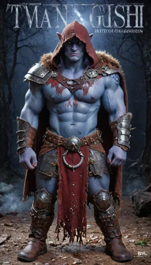 ((Drizzt Do'Urden:1.32), drow warrior, (dark night blue skin:1.82), tall, angry, muscular, strong, (wearing Drizzt Do'Urdens armor, magical scimitars, Twinkle and Icingdeath, a bow Taulmaril on his back, daggers, signature Piwafwi cloak with bear fur pelt, dungeons and dragons inspired chainmail), purplish blue skin, black and purple hair, Dark, drow Warrior, Drow, tattooed, scarred, purple eyes, uberfit, blue skin, bloody, blood spatter, Elf, Warrior), magazine cover, Realism_Quality_2xx_By_Stable_Yogi, score_9, score_8_up, score_7_up, (((very handsome elf face:1.3))), (((extremely ultra detailed face:1.3))), perfect fingers and hands, (full body view:1.4), (extreme size difference:1.6), (ultra realistic), (maximum quality), (high resolution), (extreme detail), (ultra realism), UHD, super high quality, highly detailed, high resolution, perfect lighting, natural lighting, Uber realistic, ultra detailed, masterpiece, 35mm photograph, film, professional, 4k, hdr, photographic, ultra realistic, ultra high details, back light, (dynamic pose), (dynamic angle), (random angle), (random pose), (dynamic view), (random view), best quality, volumetric lighting, golden hour lighting, dramatic shadows, rich details, nature-inspired color palette, e, aiuehara, fr4z3tt4, <lora:zavy-brbrn-sdxl:2>, <lora:LCMTurboMix_Euler_A_fix:2>, <lora:aiUehara_LoRA_R21:2>, <lora:fr4z3tt4:2>, <lora:epiCPhotoXL:2>