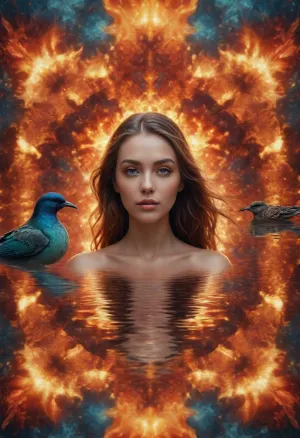 kaleidoscope view, women, fantasy art, water, fire, birds. /