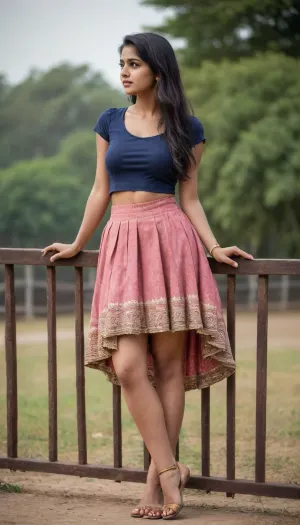 20 year old Indian adult girl, wearing traditional skirt, crossing over a fence, sexy legs