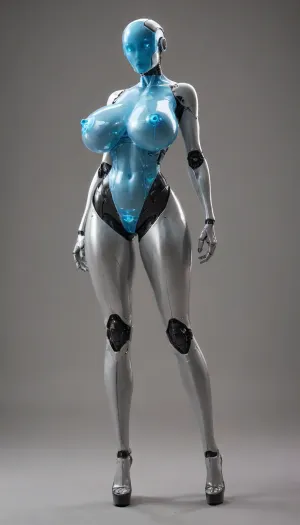 Female robot, sexy, feminine, beautiful, huge breasts, long legs, robot, transparent hard body, plastic body parts, heels, premium quality, holographic body, robot body, hard plastic boobs, hard body, aluminum bodyskin, tall