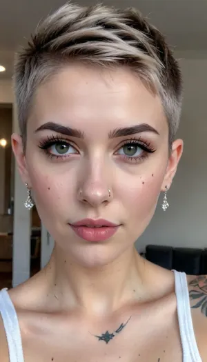 (((high fade))), (((cute))), 1girl, cute girl, 28 years old, looking_at_viewer, short_hair, earrings, <lora:cute_girls_xl_v1:.6>, she bites her lower lip. Hungry eyes. Horny eyes. Slutty make-up. Neck tattoo. Nose piercing.
