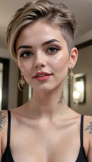 (((high fade))), (((cute))), 1girl, cute girl, 28 years old, looking_at_viewer, short_hair, earrings, <lora:cute_girls_xl_v1:.6>, she bites her lower lip. Hungry eyes. Horny eyes. Slutty make-up. Neck tattoo, 1.2. Throat tattoo, 1.8. face tattoo. Nose piercing. Nipple chains.