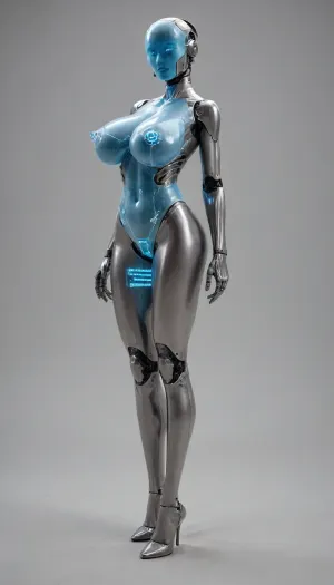 Female robot, sexy, feminine, beautiful, huge breasts, long legs, robot, white hard plastic body, plastic body parts, heels, premium quality, holographic body, robot body, hard plastic boobs, hard body, aluminum bodyskin, tall