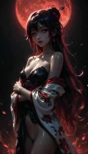 Charming petite girl, close-up view, (Multicolour bright red ruby rose Hairstyle), (charming eyes, bright ruby and emerald glowing pupils:1.1), big red moon in the background, (flatchest:1.1), ((tamada heijun style:1.1)), reiq style, solo, beautiful sexy woman, japanese clothes, kimono, hair ornament, cleavage, looking at viewer, bare shoulders, jewelry, obi, earrings, floral print, crossed arms, parted lips, blush, blurry background, from side, blurry, hair bun, white kimono, print kimono, wide sleeves, short hair, hair stick, collarbone, sidelocks, hair intakes, breast, heterochromia, Half-turn view, curly very long hair, hair on the shoulders, hair along the entire back, a pretty girl with long glowing horns, red background, empty dark background, the figure is highlighted with red light, a cool aura around the body, a charming predatory gaze, elastic breast, (pale skin:1.1), (glossy oiled skin:1.5), pussy no panties under dress, a sexy smile, a sexy dynamic pose, perfect eyes, best detailed hair, detailed body, detailed eyes, detailed face neon, ltctr, color, light, contour, beautiful sexy dress, fluffy dress, bow on head, black bow with red ribbons at the edges in gothic style, black_gothic_fantasy, F41Arm0rXL, <lora:Red_and_black__gothic_fantasy-000007:2>, <lora:light_contour_sdxl:2>, <lora:Glowing_beach:2>, <lora:dark:2>, <lora:Fae_Armor_XL-000008:2>