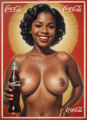 Black Woman, 18, nude, huge Natural boobs, Smile, ON an Advertisement Poster for Coca-Cola, Logo, Text, poster1900, <lora:Poster_styles_around_1900:.8>