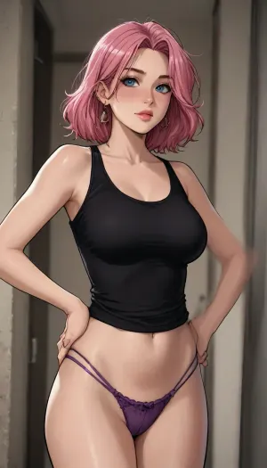 ((Melkor mancin meet markgavatino style)), reiq style, Solo, Milf, pink hair, (at doorframe), bimbo body, wearing black tank top, and purple panties, large perky breasts, hands on hips, flirty, (intense blushing)