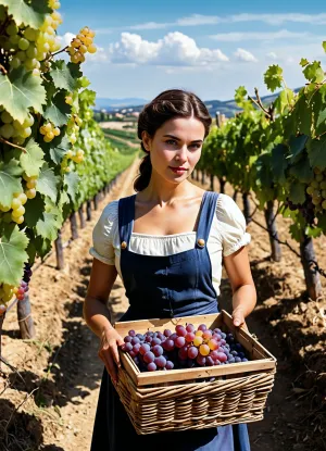 A detailed watercolor and gouache painting in the Provence style, depicting a farmer's wife among vineyards holding a wicker basket of grapes, the work is executed in the spirit of 16th-century artists, high detail, vibrant colors, stunning lighting, white paper background, trending on ArtStation, ArtStationHD