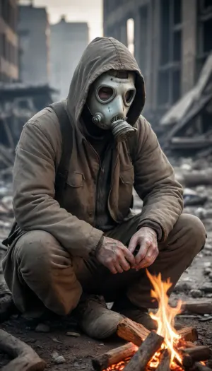 Sitting before a blazing campfire, a stalker warms himself in the aftermath of the apocalypse, in the destroyed city. He wears an oxygen mask and a tattered, dirty suit with rips and visible skin through the tears in the fabric. The powerful light of the campfire illuminates the stalker, highlighting details. Post-apocalyptic