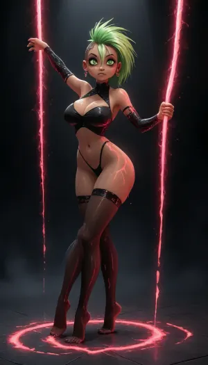 Score_9, (Jack cayless art style), 21 Year-old, moika, (moikaloop:1.5), ((dancing)), on a neon red dance floor, (1girl, dark skin, dark-skinned female, alternate eye color, green eyes, hair between eyes, half-closed eyes, alternate hair color, big neon green mohawk hair, narrow waist, huge ass, navel, blacklight makeup), (gigantic breasts:.9), black thigh highs, cleavage cutout, neon clothing cutout, cyberpunk, neon detached sleeves, neon earrings, pantyhose, neon fishnets, neon jewelry, looking at viewer, raver, sidecut, solo, thighhighs, triangle earrings, ultraviolet light, undercut, Ultraviolet, style, uv, tanning, Bioluminescence, glowing, dark, black, body, paint, hrglw, hair, glow, symb10ic, neon, filaments, ribbons, tendrils, light, streaks, tentacles, <lora:blacklight_makeup_v2:2>, <lora:uv style v2:2>, <lora:glowing_hair-000006:2>, <lora:SymBIOic:2>