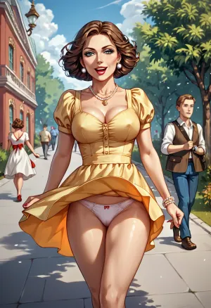 Russian, 1960s, strong wind, beautiful Russian short brown hair milf in pin-up style, madam with hourglass figure, she is walking in the park, a strong wind lifts the hems of their sundresses, (their panties are visible:1.3), a lot of people, seductive faces, The fright on her faces, very excited, (cuckold scene:1.4)