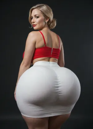 black room, black background, A high-quality digital illustration of Dee Dee from Dexter's Laboratory. white mature woman, (milf:1.15), blonde hair, (massive breasts:.8), thin waist, (wide_hips:1.5), (massive ass:1.2), tight cotton skirt, white skirt, zipper in the middle of the skirt, red leather bra, (standing, posing, behind view, showing her ass)