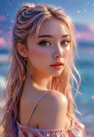 full body view, Dreamy anime hand draw illustration on paper. Shimmering pastel shades, (lavender, light blue, rose gold), deep sea blue, and sandy beige. Ethereal, serene, and glamorous. A young East Asian woman with long, flowing blonde hair tied in a high ponytail with pastel pink and purple highlights. She has large, expressive, anime-style eyes with bright pink and purple eyeshadow. Her skin is smooth and flawless, glitter effect, Soft, seductive expression. /KlTTY-ART/, <lora:COMFYUI_mimic_landscape_-_XL_SDXL v2.0:.7>, <lora:attractive_notrigger:.8>, <lora:PerfectEyesXL:.6>, <lora:MJ52:1>