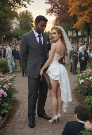((interracial:1.3)), A petite skinny tiny bride 155 cm, perfect nature, (autumn colors), she will be fucked outside in the German beergarden, (Extreme giant cocks:1.2), surprised, (vagina), (short pink braids), cum covered, small nice ass, (she will be fucked from African 195 cm men:1.2), they are full clothed in pantsuit, (((public beergarden, crowded, people around))), Sunset, 2boys, hon, (white, bridal, dress, veil:1.5), 5 people watching, 19 years old, public, redhead, 1 people watching husband, heels, fucking sex