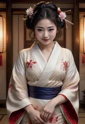 A Japanese geisha, she wears traditionel clothing half opend, she has a stunning and beautiful face, rehearses a candlelit dance, cute dancing pose, traditionel japanese background, cute feet, masterpiece, realistic, high quality, ultra-detailed, more_details, 4k resolutionen, fullbody view, she has a big cleavage, she smiles., fflix-geisha, <lora:Fflix-Geisha:.8>, jpn-girl, <lora:japanese_girl_v1.1:.8>