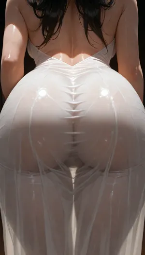 20-year-old girl in a tight black semi-transparent nun's dress, with her back to us, her thighs clearly visible through the dress, long black hair, rear view, close-up of her ass, contrast, dark background, light girl, (masterpiece:1.2), (best quality:1.2), (ultra-detailed:1.1), (photorealistic textures:1.2), (sharp focus:1.2), (refined textures:1.1), (natural shadows:1.1), ltctr, +, light, contour, <lora:light_contour_sdxl:1.3>, <lora:add-detail-xl:2>, <lora:ratatatat74-000050:1.3>