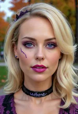 Close-up pretty blonde mature 40 yo age, huge cummed face, extreme facial Bukkake, thick wavy hair, red lipstick, perfect makeup, blue-violet eyes, (on her forehead calligraphic sign black-violet word "WHORE":1.4), choker, half-open mouth, slutty smirk, (autumn public park on background:1.2), <lora:add-detail-xl:2>, <lora:detailed_notrigger:2>, <lora:ThePitXL:2>, <lora:texta:2>